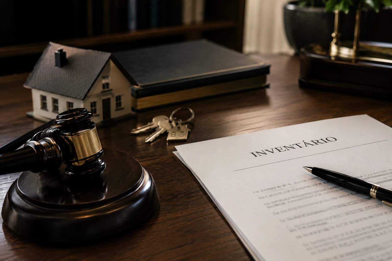 Documento de inventário, chaves e maquete de casa sobre mesa